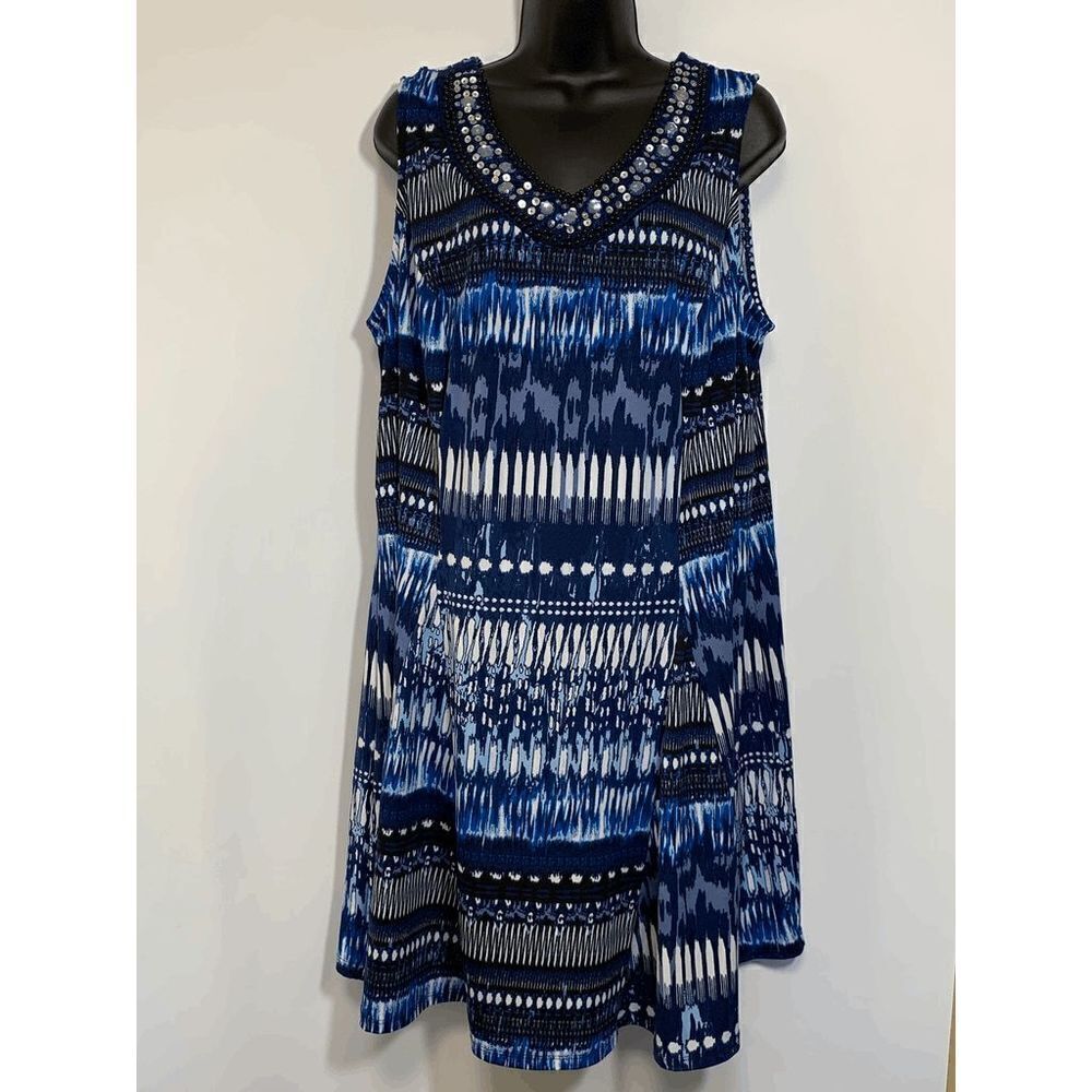 New Directions Womens Midi Dress Sequenced V Neck Sleeveless Blue 2X